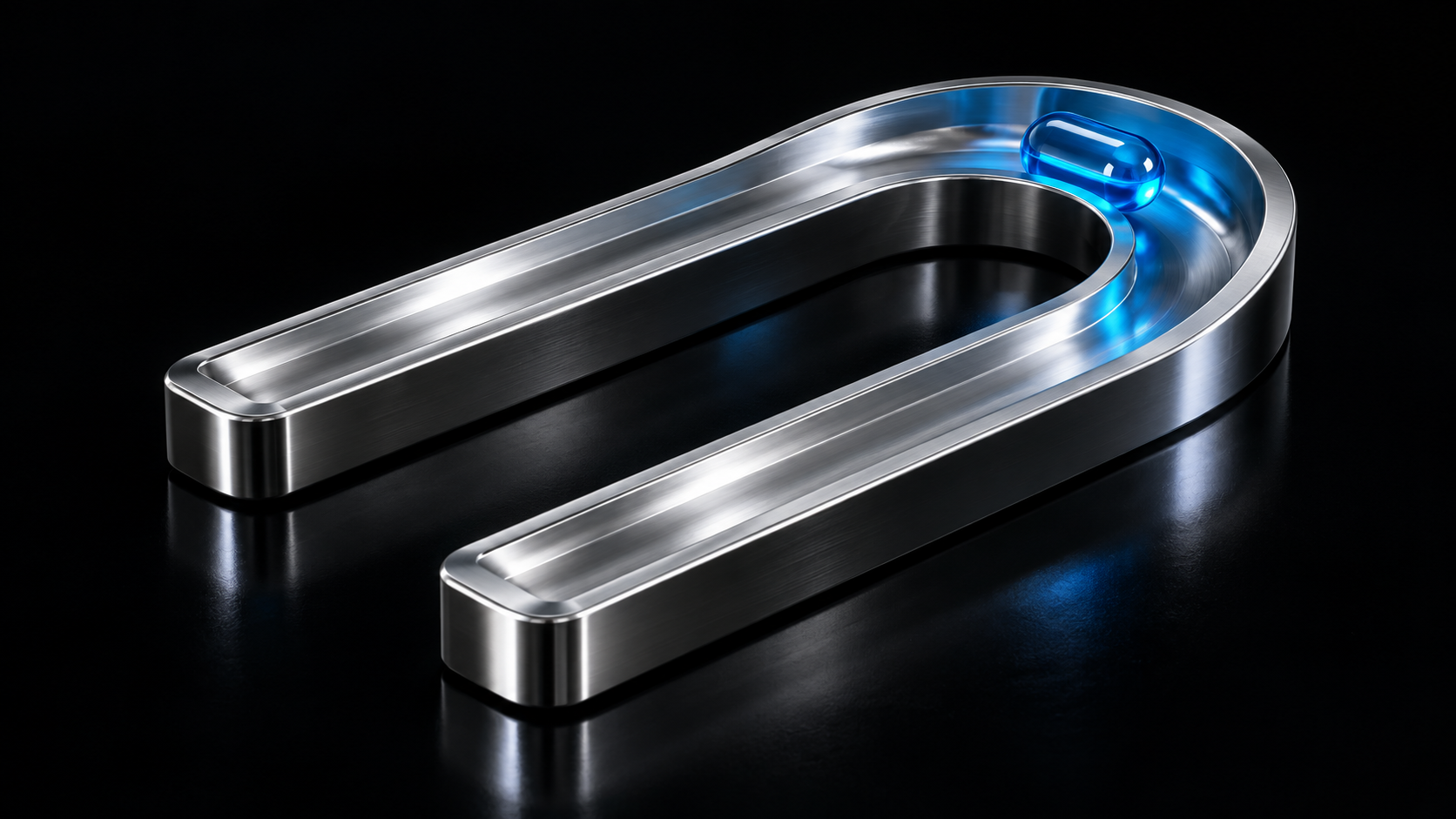 A blue capsule following a curved silver return path