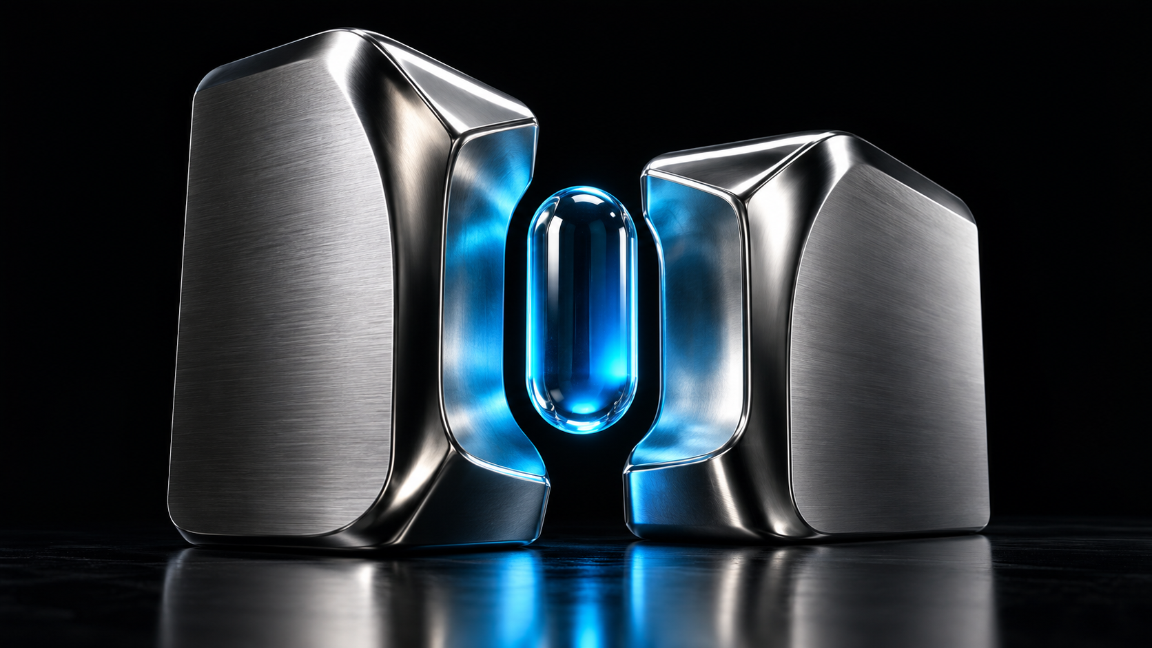 A blue glass capsule suspended between two silver surfaces